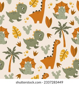 Childish seamless pattern with dinosaurs and palm trees. Vector illustration in funny cartoon style. Dino baby cute background. Dinosaur vector illustration.