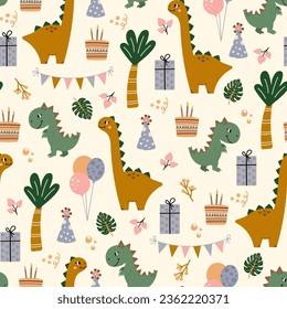 Childish seamless pattern with dinosaurs and palm trees on a light background. Cute colorful birthday party dinosaurs. Illustration with cute dinosaurs and birthday party elements.