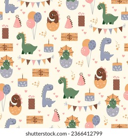 Childish seamless pattern with dinosaurs and palm trees on a light background. Cute colorful birthday party dinosaurs. Illustration with cute dinosaurs and birthday party elements.
