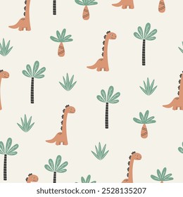 Padrão sem costura infantil com dinossauros e palmeiras. Ilustração vetorial em estilo engraçado de desenho animado. Fundo bonito do bebê dino. Ilustração de vetor de dinossauro.
