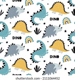 Childish seamless pattern with dinosaurs and a rainbow in scandinavian style on a white background. Ideal for children's clothing, textiles, wallpaper, wrappings paper.