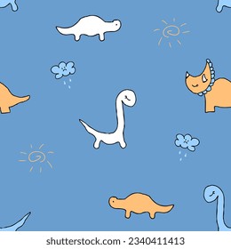 Childish seamless pattern with dinosaurs and rainy clouds. Summer print for tee, paper, textile and fabric. Cute vector illustration for decor and design.

