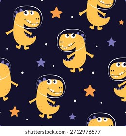 childish seamless pattern with dinosaurs in space, vector childish background for fabric, textile, nursery wallpaper