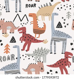 Childish seamless pattern with dinosaurs, trees and mountains. Creative childish texture for fabric, wrapping, textile, wallpaper, apparel. Vector illustration. 