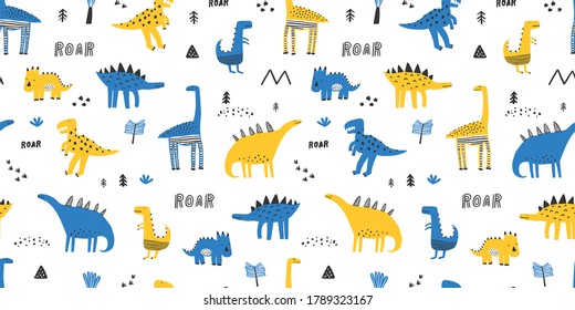 Childish seamless pattern with dinosaurs, trees and mountains. Creative childish texture for fabric, wrapping, textile, wallpaper, apparel. Vector illustration.