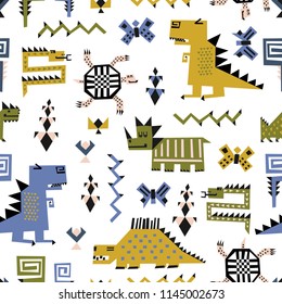 Childish seamless pattern with dinosaurs and tropical plants. Vector texture in childish style great for fabric and textile, wallpapers, backgrounds. Scandinavian style.