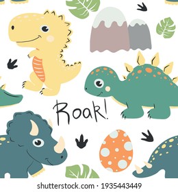 Childish seamless pattern with dinosaurs. Vector childish background for fabric, textile stock illustration.