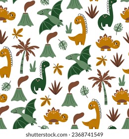 Childish seamless pattern with dinosaurs, volcanoes and palm trees on a white background. Hand drawn children's pattern for fashion clothes, shirt, fabric. Baby Dinosaur vector illustration.