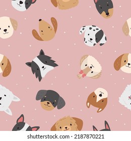 Childish seamless pattern with dogs faces on pink background. Doodle puppies heads. Cartoon breeds of dogs. Vector illustration.