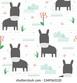  Childish seamless pattern with donkey and summer plants. Vector hand drawn illustration.