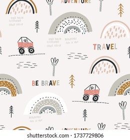 Childish seamless pattern with doodle buggy car and hilly terrain. Background with abstract rainbows. Creative childish texture for fabric, wrapping, textile, wallpaper, apparel. Vector illustration.