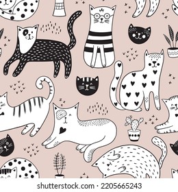 Childish seamless pattern with doodle cats and plants. Vector background. Can be used for nursery, textile, wrapping paper, decoration. 