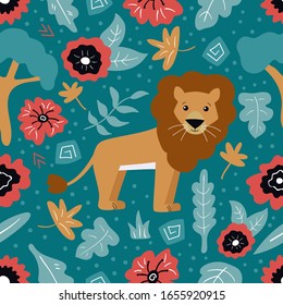 Childish seamless pattern. Doodle lion with tropical flowers and exotic plants. Hand drawn abstract ornaments.