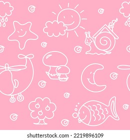 Doodle de patrón ininterrumpido en fondo rosa helicóptero de línea blanca estrella de pez estrella de la luna nubes de sol de la lluvia Vector