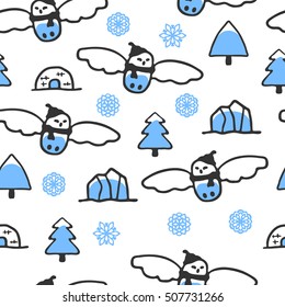 Childish seamless pattern with doodle snowy owl. North bird with snowflakes, and iceberg. Funny owl wears scarf