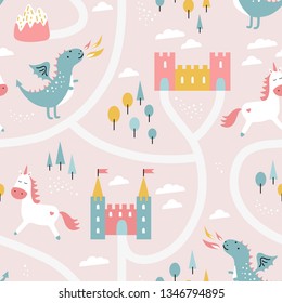 Childish seamless pattern with dragon, castle, unicorn in scandinavian style. Creative vector childish background for fabric, textile