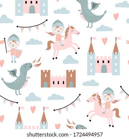 Childish seamless pattern with dragon, castle, knight in scandinavian style. Creative vector childish background for fabric, textile