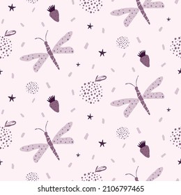 Childish seamless pattern with dragonflies, apples, strawberries, stars and soft pink background. Ideal for children's clothing, wallpapers, textiles, wrapping paper. Vector illustration.