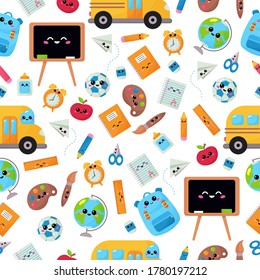Childish seamless pattern with education supplies. Back to school. Vector kawaii cartoon character - backpack, globe, ruler, pencil, chalk board, school bus.