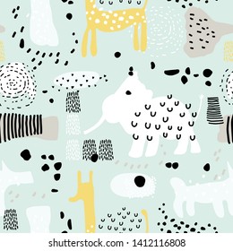 Kindernahtloses Muster mit Elefanten, Giraffen, Hunden und einfachen Formen. Skandinavischer Stil. Ideal für Kindergewebe, Textilien, Tapeten für Kindermädchen.