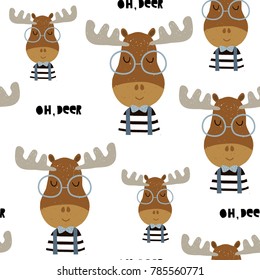 Childish seamless pattern with elks in glasses. Trendy scandinavian vector background. Perfect for kids apparel,fabric, textile, nursery decoration,wrapping paper