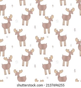 Childish seamless pattern with elks in wood and abstract shapes. in Scandinavian style. for kids apparel,fabric, textile, nursery decoration,wrapping paper