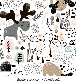 Childish seamless pattern with elks in wood and abstract shapes. Trendy scandinavian vector background. Perfect for kids apparel,fabric, textile, nursery decoration,wrapping paper