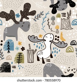 Childish seamless pattern with elks in wood and abstract shapes. Trendy scandinavian vector background. Perfect for kids apparel,fabric, textile, nursery decoration,wrapping paper