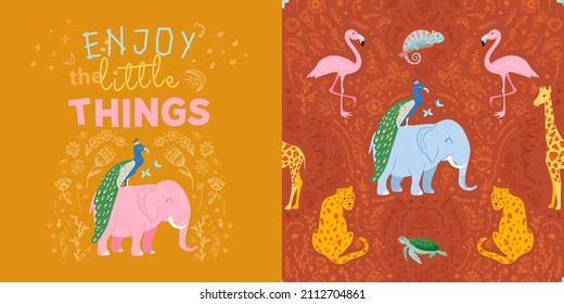 Patrón ininterrumpido infantil con animales exóticos: elefante, pavo real, flamingo, leopardo, jirafa, tortuga. Tarjeta infantil, afiche con una frase motivacional. Impresión de animales tropicales de moda para tela.