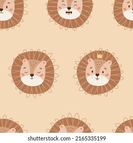 Childish seamless pattern with the face of a lion on a beige background. Hand drawn doodle animal. Vector illustration for textile, fabric design and wrapping paper.