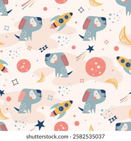 Childish seamless pattern featuring a funny, cool dog, stars, a rocket, and a planet in Scandinavian style. Suitable for fashion clothing, fabric, and t-shirts. Hand-drawn vector illustration 