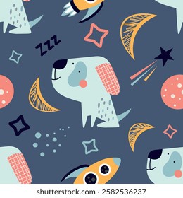 Childish seamless pattern featuring a funny, cool dog, stars, a rocket, and a planet in Scandinavian style on a dark background. Suitable for fashion clothing, fabric, and t-shirts. Hand-drawn vector 