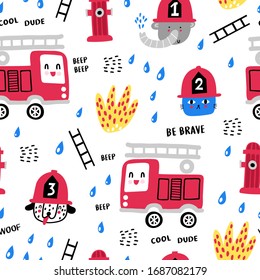 Childish seamless pattern with fire, fire truck and cute fire amimals . Perfect for kids apparel, fabric, textile, nursery decoration,wrapping paper. Trendy vector background. 