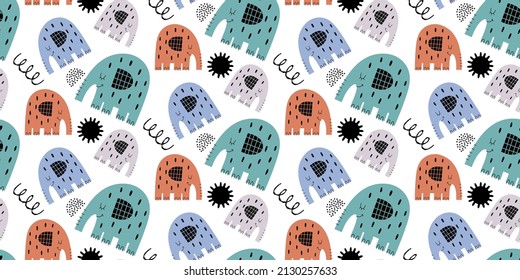 Childish seamless pattern with flat drawings of cute animals a elephant in scandinavian style. Ideal for fashion design, textile, wallpaper, wrapping paper. Children's room design.