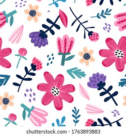 Childish seamless pattern with flowers , berries and butterfly. Perfect for kids fabric, textile, nursery wallpaper. Vector Illustration.