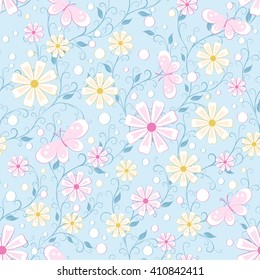 childish seamless pattern with flowers,  butterfly and spots  in soft color on blue background , vector illustration