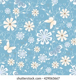 childish seamless pattern with flowers,  butterfly and spots  in soft color on blue background , vector illustration