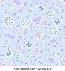 childish seamless pattern with flowers,  butterfly and spots  in soft color on blue background , vector illustration
