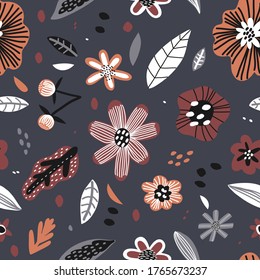 Childish seamless pattern with flowers on a dark grey background. Perfect for kids fabric, textile, nursery wallpaper. Vector Illustration.