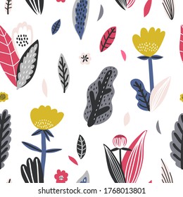 Childish seamless pattern with flowers on a dark grey background. Perfect for kids fabric, textile, nursery wallpaper. Vector Illustration.