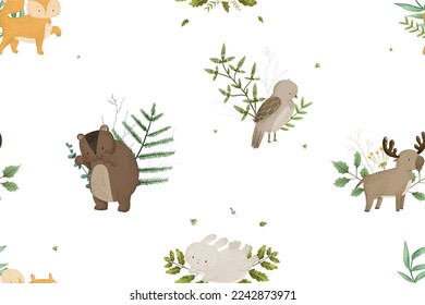 childish seamless pattern with forest animals and branches, leaves, baby design