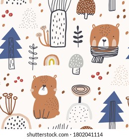 Childish seamless pattern with forest and cute bear. Creative childish texture for fabric, wrapping, textile, wallpaper, apparel. Vector illustration.