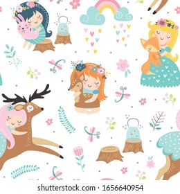 Childish seamless pattern with forest fairies and baby animals. Creative vector childish background for fabric, textile.