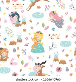 Childish seamless pattern with forest fairies and baby animals. Creative vector childish background for fabric, textile.