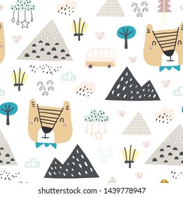 Patrón infantil sin costuras con bosque, lluvia, montaña y oso. Bueno para los niños tela, textil, papel tapiz de vivero. Paisaje sin mar. Estilo escandinavo