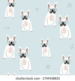 Childish seamless pattern with french bulldog puppy. Trendy cute animal vector background. Perfect for kids apparel,fabric, textile, nursery decoration,wrapping paper