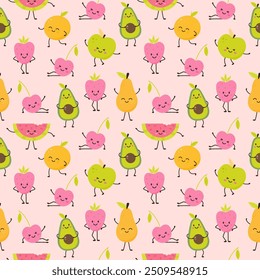 Childish seamless pattern of fruit funny character