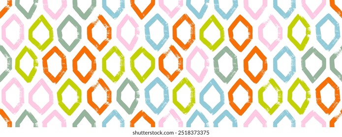 Childish seamless pattern with funky hexagons. Hand drawn vector seamless banner background with bold brush drawn geometric shapes. Colorful cells background with grunge rough texture.