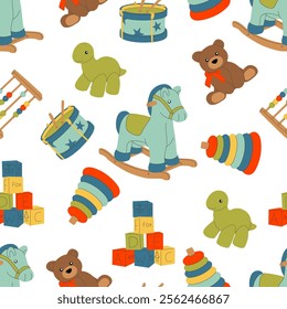 Childish seamless pattern with funny adorable toy on white background. Colorful illustration for wallpaper, textile print, backdrop, wrapping paper.