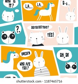 Childish seamless pattern with funny animals. Fashion comic strip print. Vector hand drawn illustration.